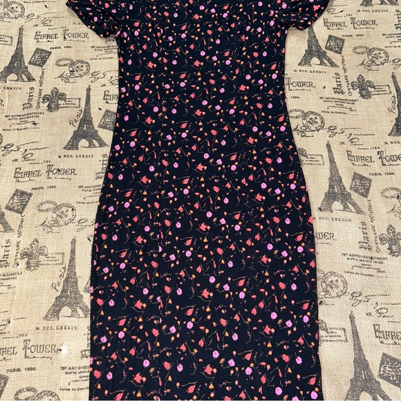 Free People NWOT! Black Pink Floral Puff Sleeve Crew Neck Midi Stretch Dress - Picture 4 of 16